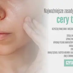 Zbliżenie na twarz z dłonią dotykającą policzka, tekst o pielęgnacji cery tłustej.