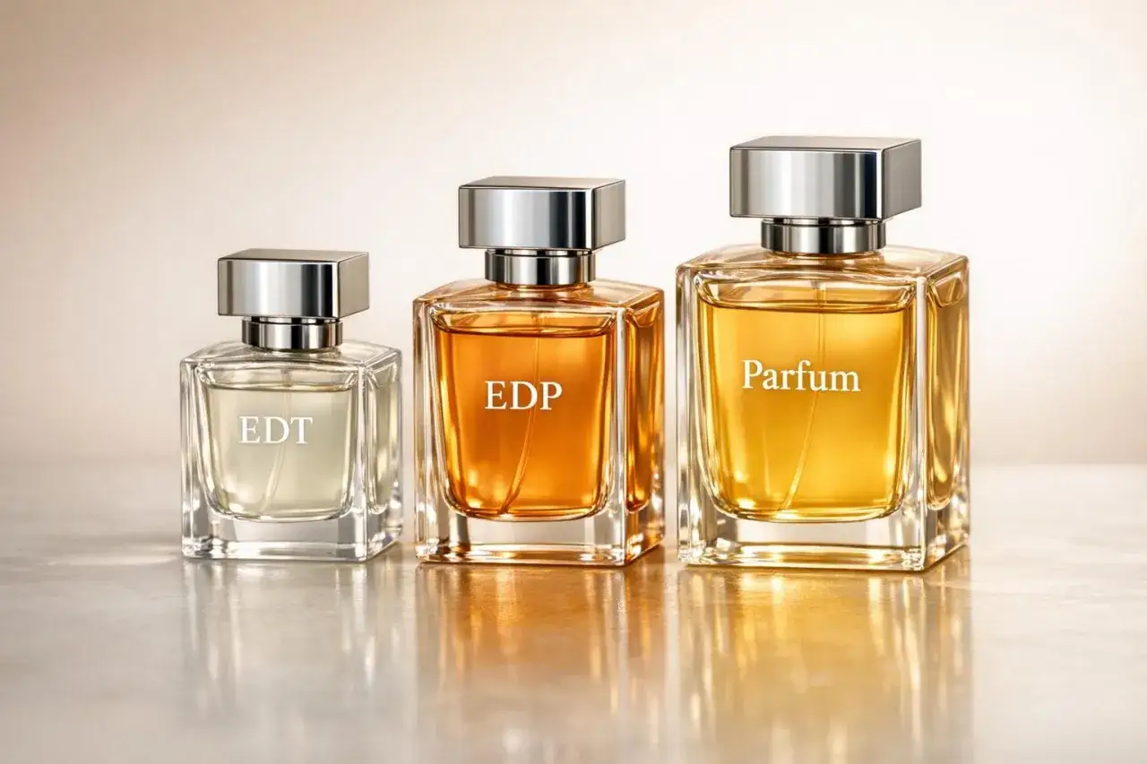 Trzy eleganckie flakony: EDT, EDP i Parfum. Wybierz swoją ulubioną wodę toaletową czy perfumowaną.